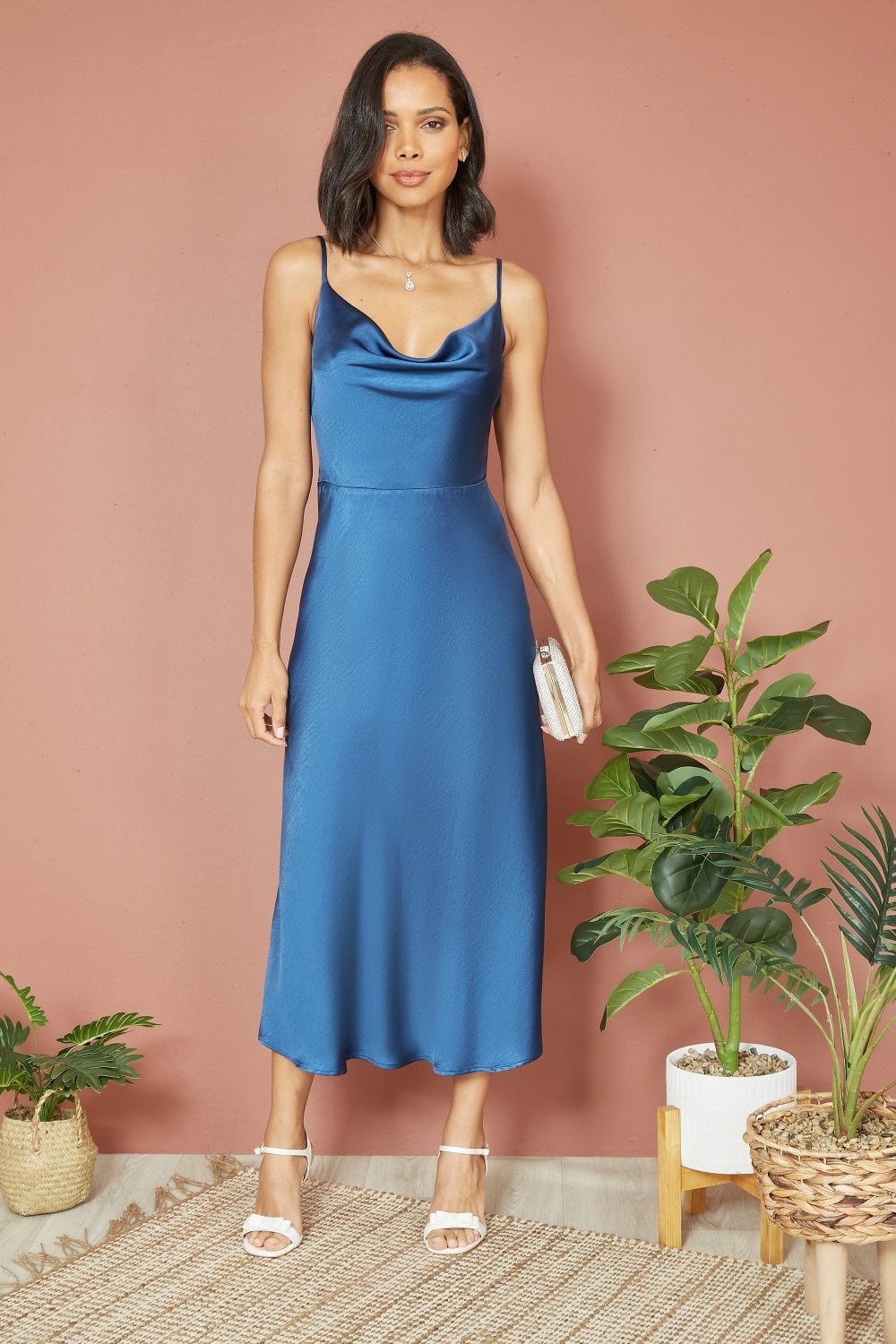 Yumi Navy Satin Cowl Neck Midi Slip Dress Yumi