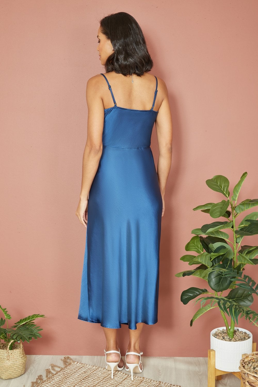 Yumi Navy Satin Cowl Neck Midi Slip Dress Yumi