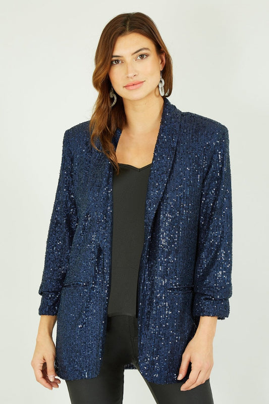 Yumi Navy Sequin Blazer With Pockets Yumi