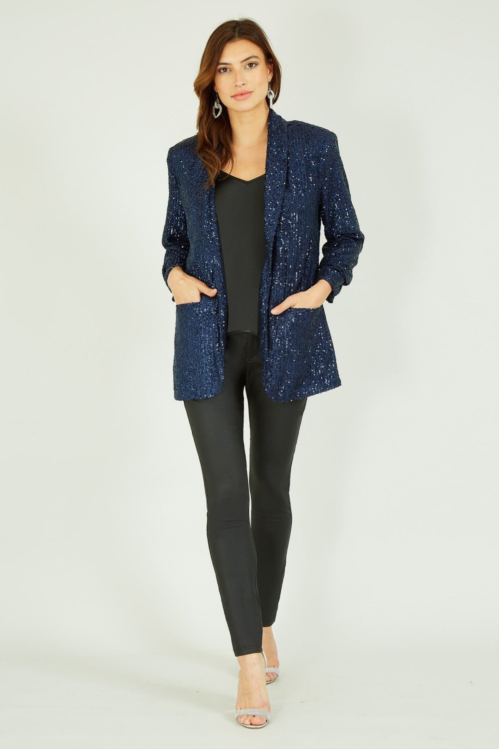 Yumi Navy Sequin Blazer With Pockets Yumi