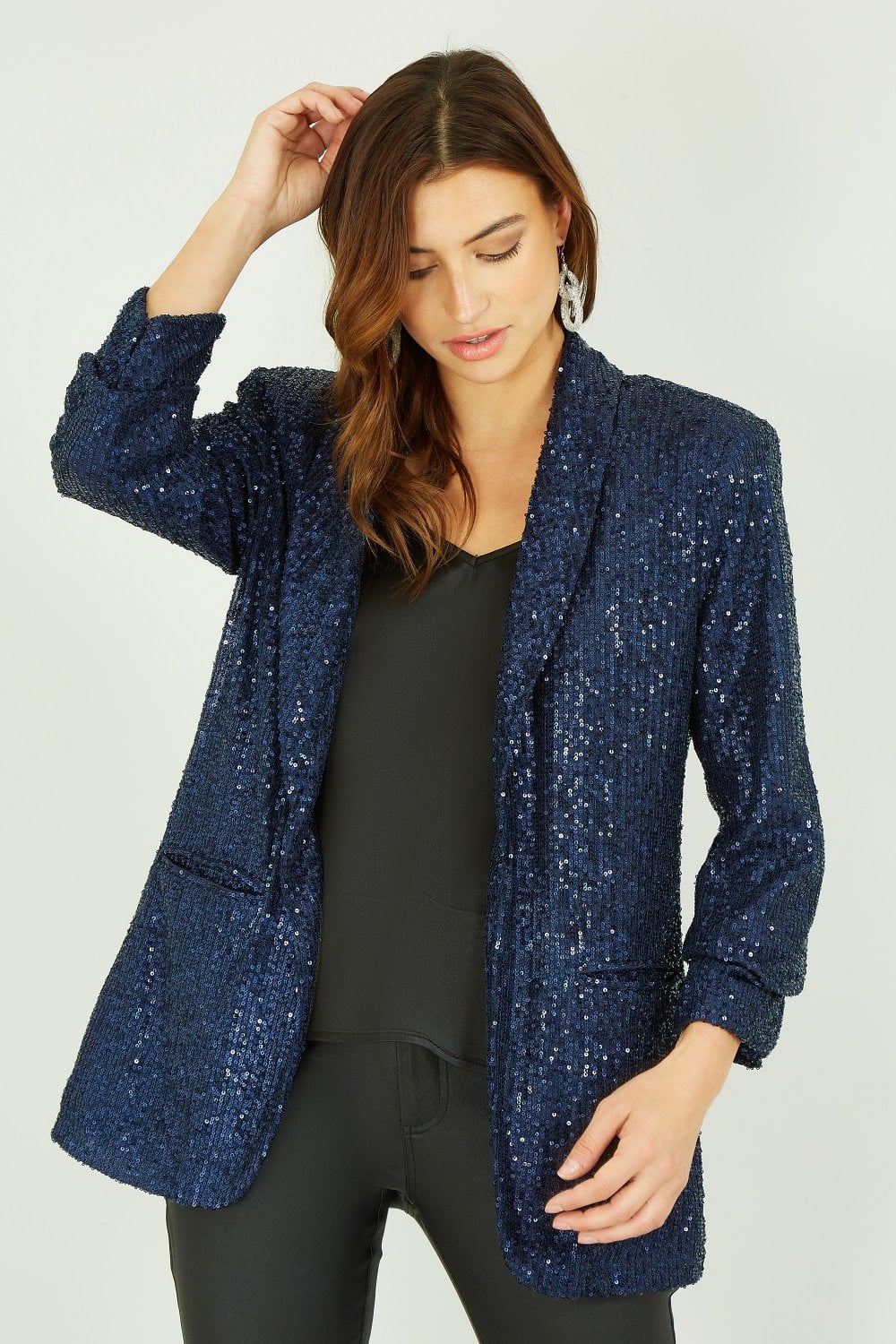 Yumi Navy Sequin Blazer With Pockets Yumi