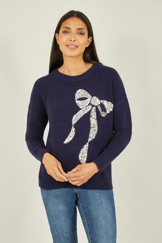 Yumi Navy Sequin Bow Knitted Jumper Yumi