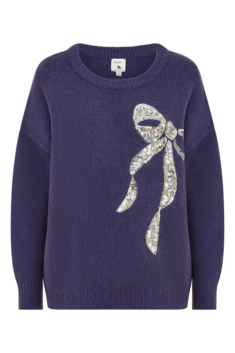 Yumi Navy Sequin Bow Knitted Jumper Yumi