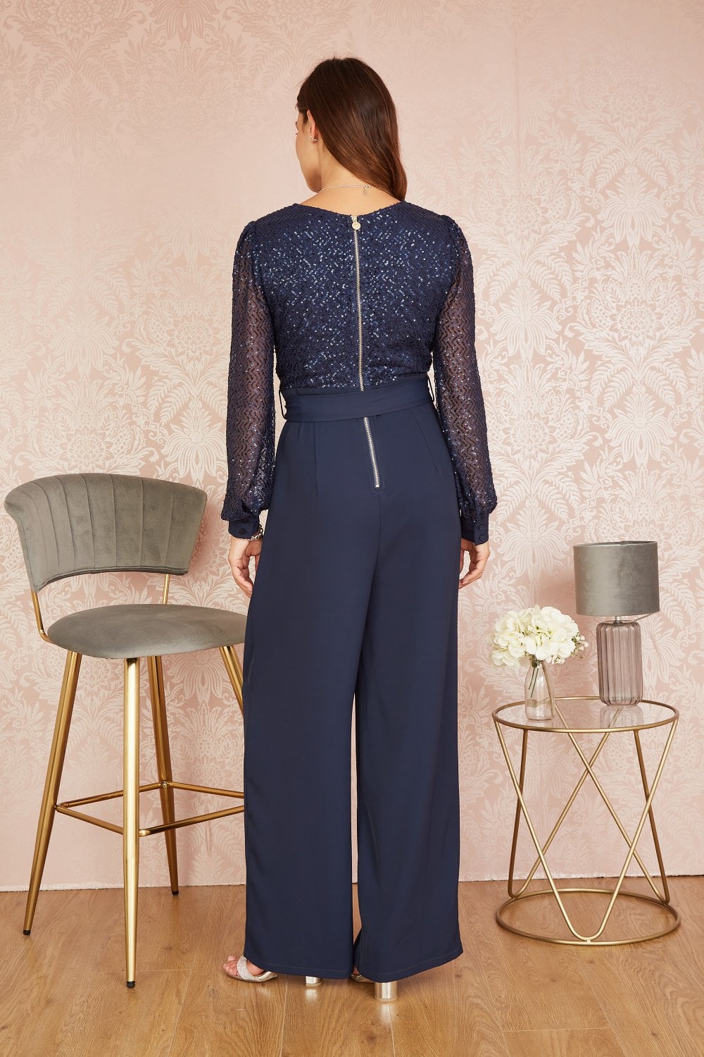 Yumi Navy Sequin Jumpsuit With Long Sleeves Yumi