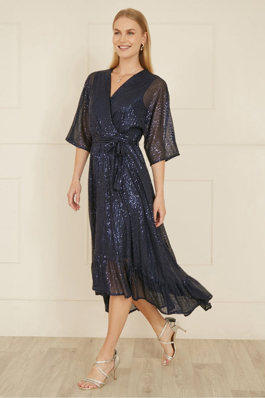 Yumi Navy Sequin Kimono Midi Wrap Dress Yumi