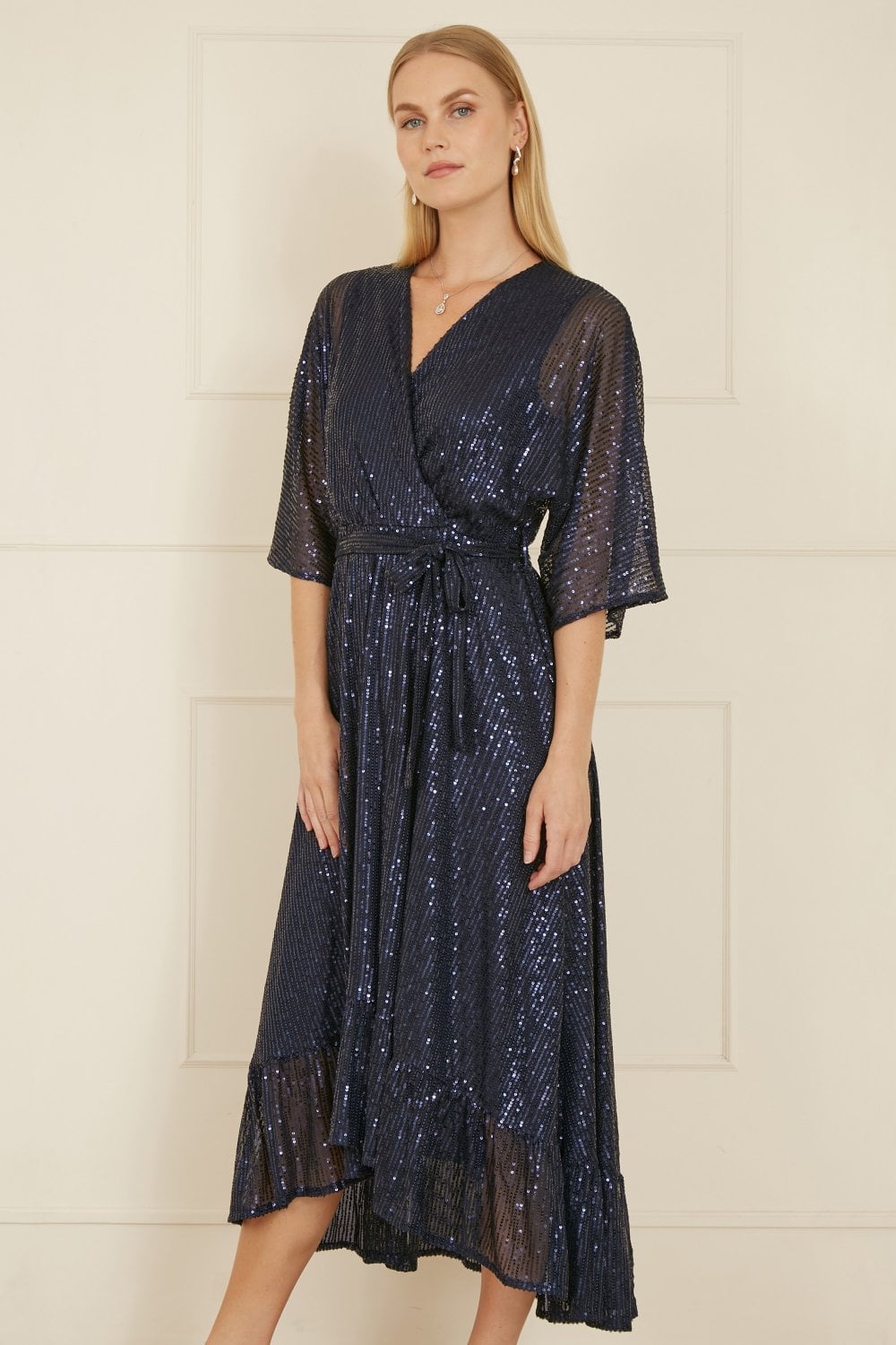 Yumi Navy Sequin Kimono Midi Wrap Dress Yumi