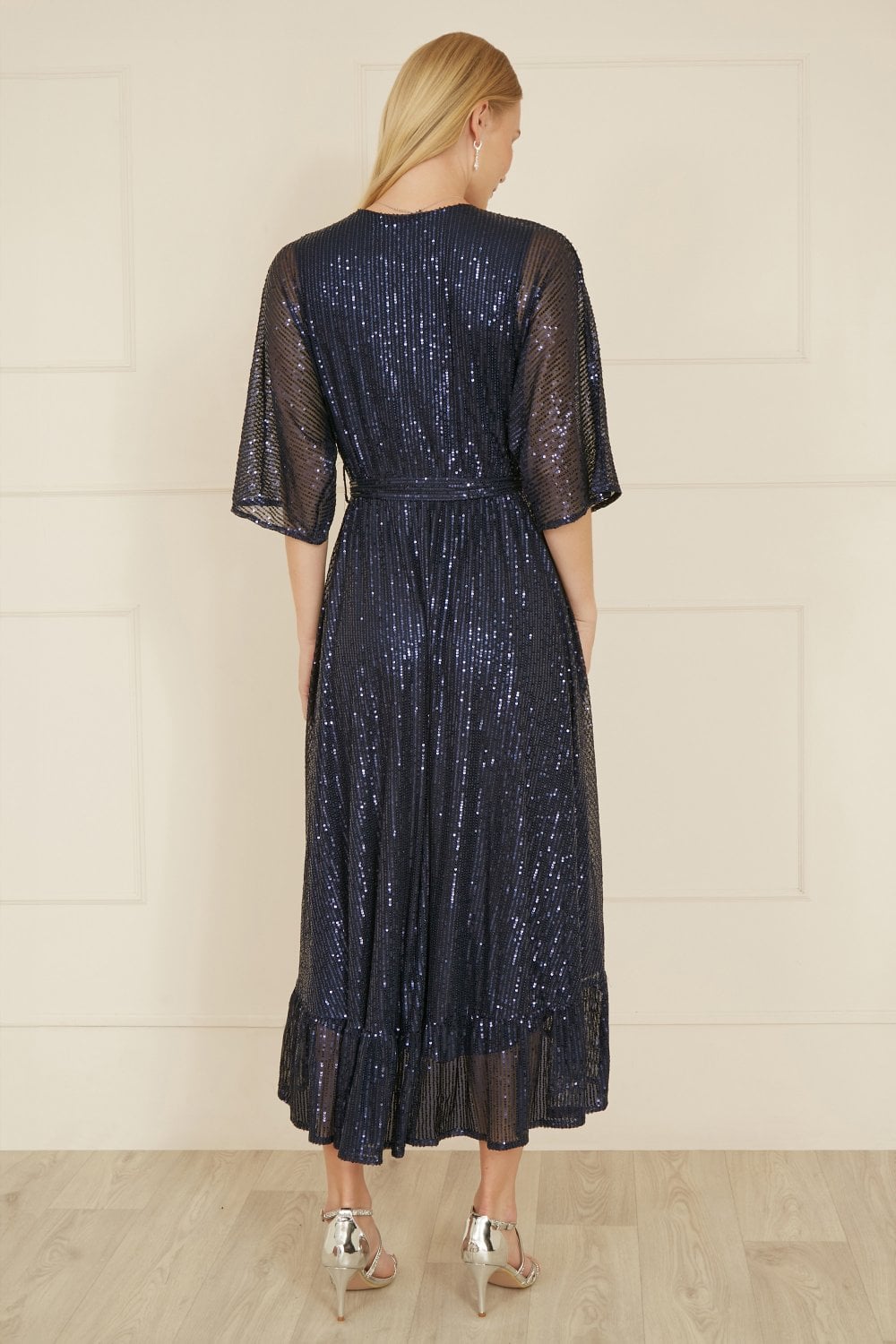 Yumi Navy Sequin Kimono Midi Wrap Dress Yumi