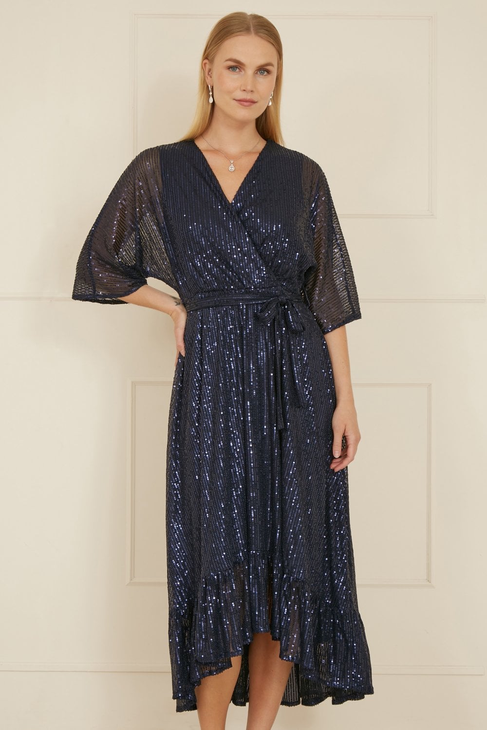 Yumi Navy Sequin Kimono Midi Wrap Dress Yumi