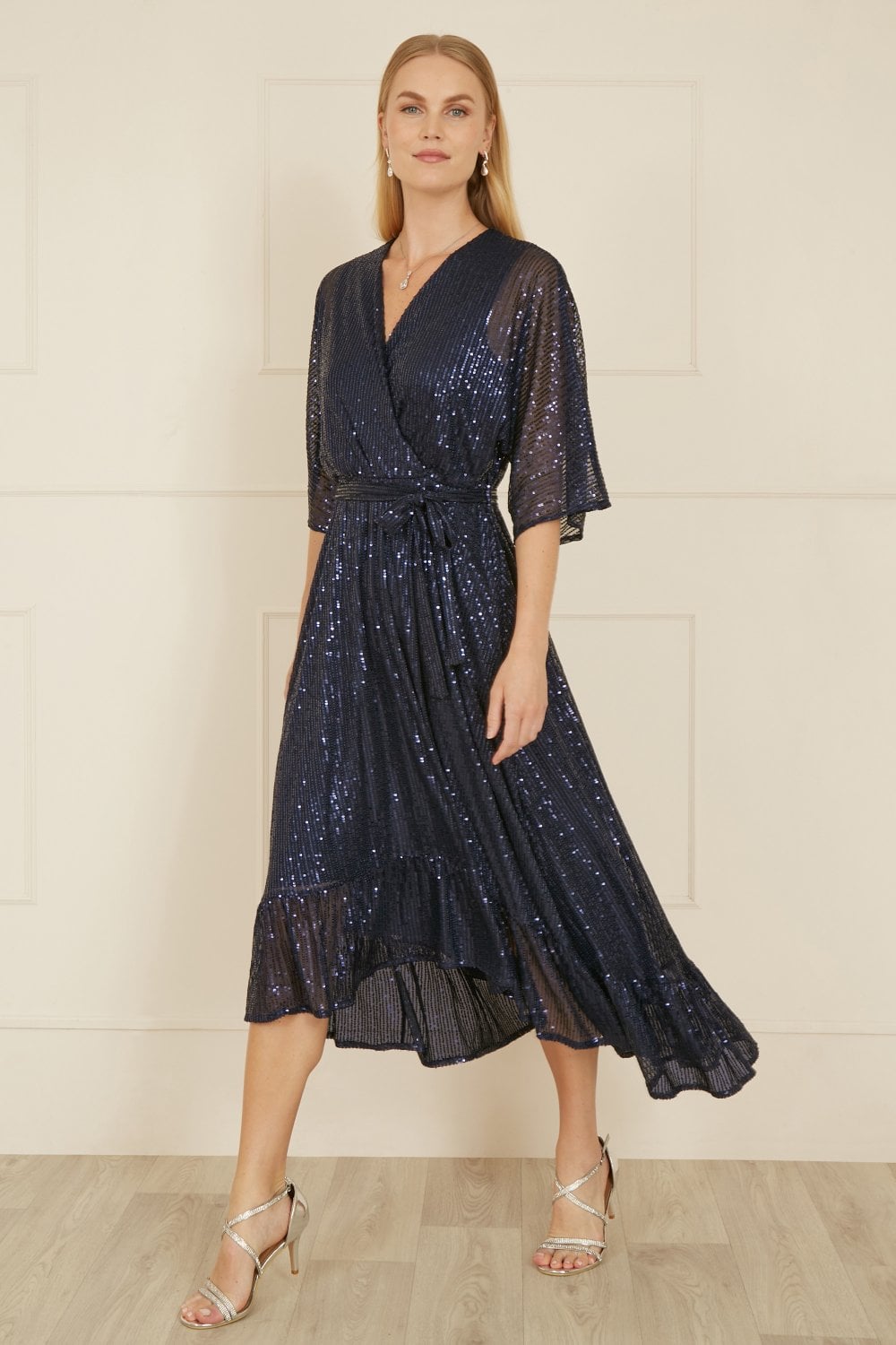 Yumi Navy Sequin Kimono Midi Wrap Dress Yumi