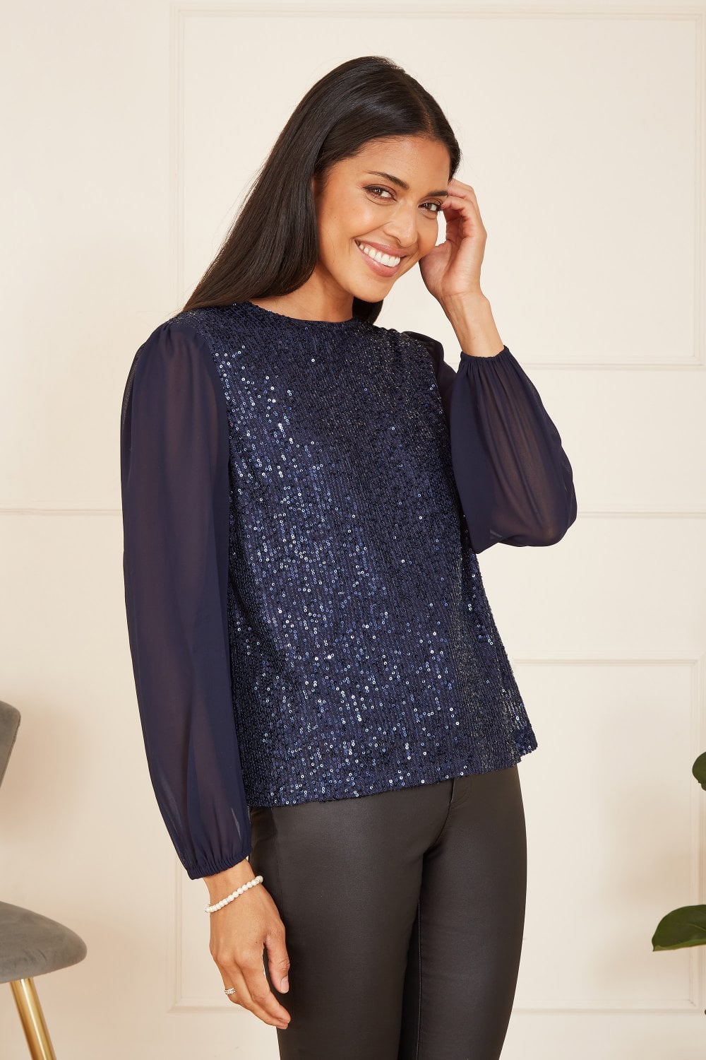 Yumi Navy Sequin Top With Sheer Sleeves Yumi