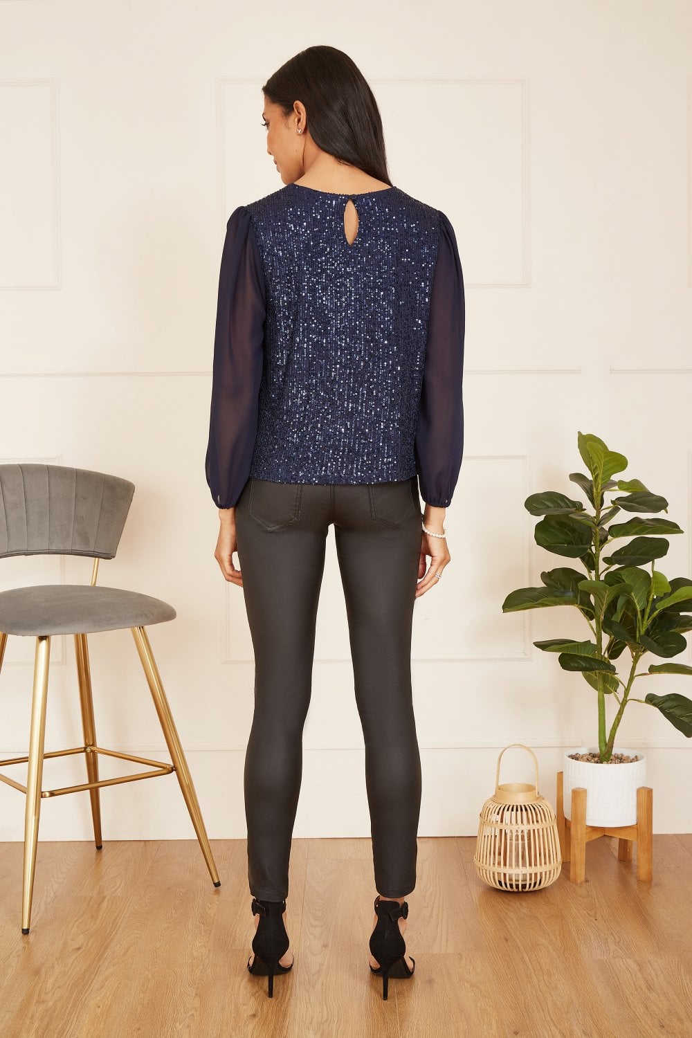 Yumi Navy Sequin Top With Sheer Sleeves Yumi