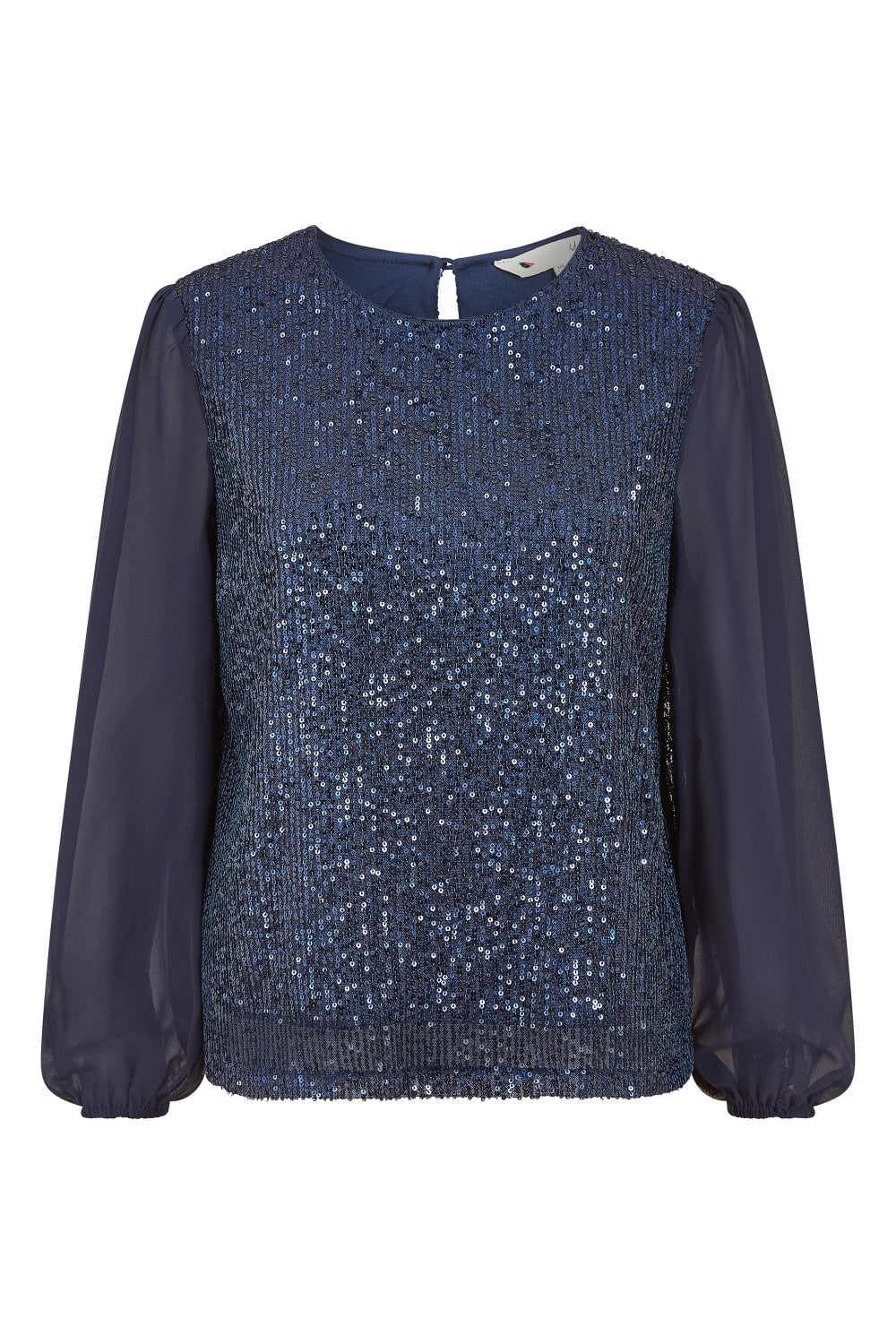 Yumi Navy Sequin Top With Sheer Sleeves Yumi