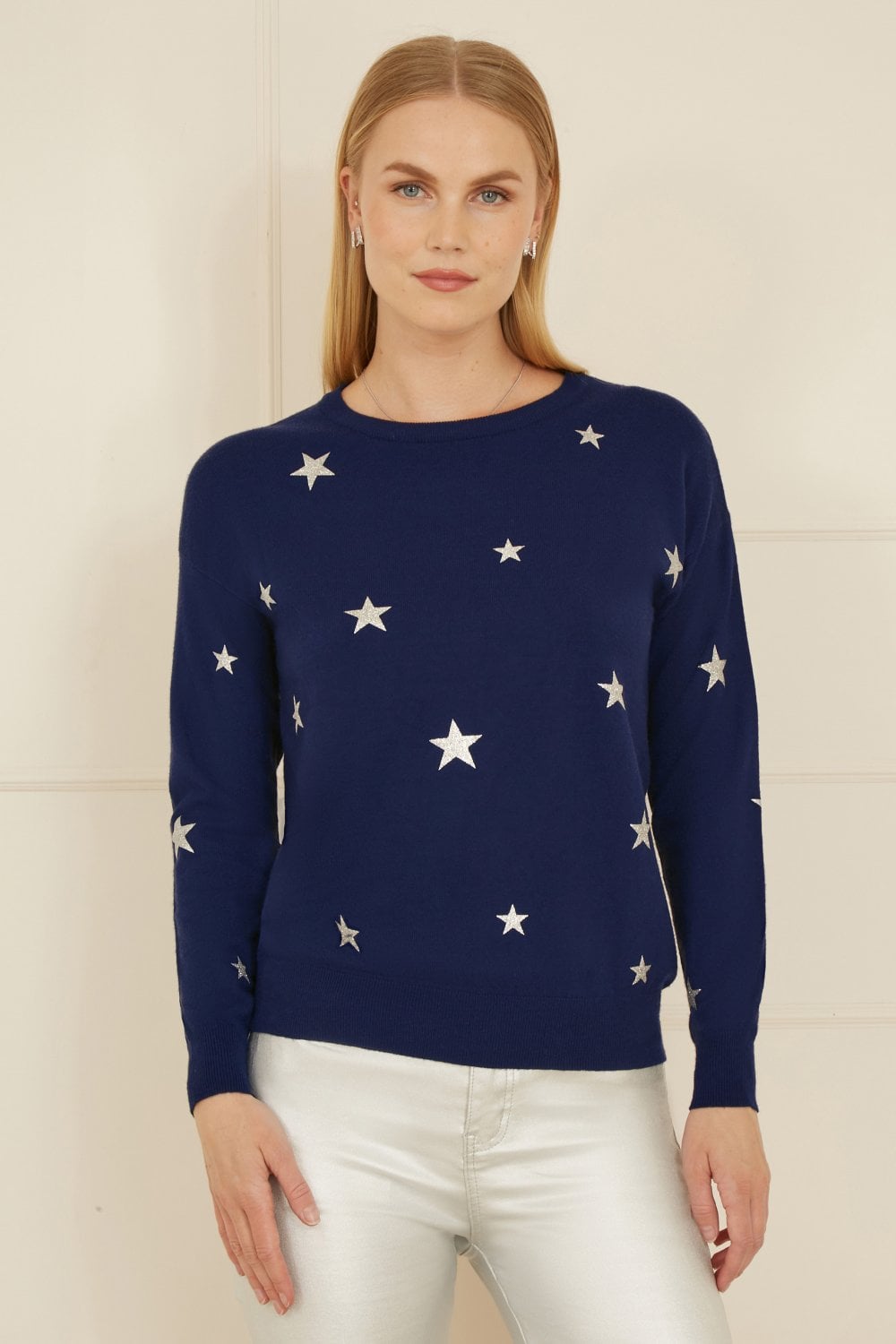 Yumi Navy Silver Foil Star Print Relaxed Fit Jumper Yumi