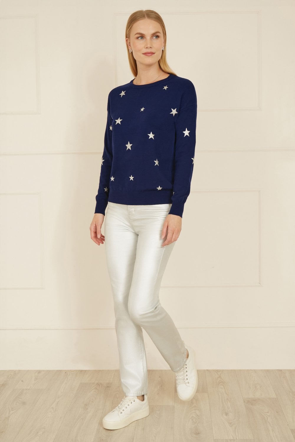 Yumi Navy Silver Foil Star Print Relaxed Fit Jumper Yumi