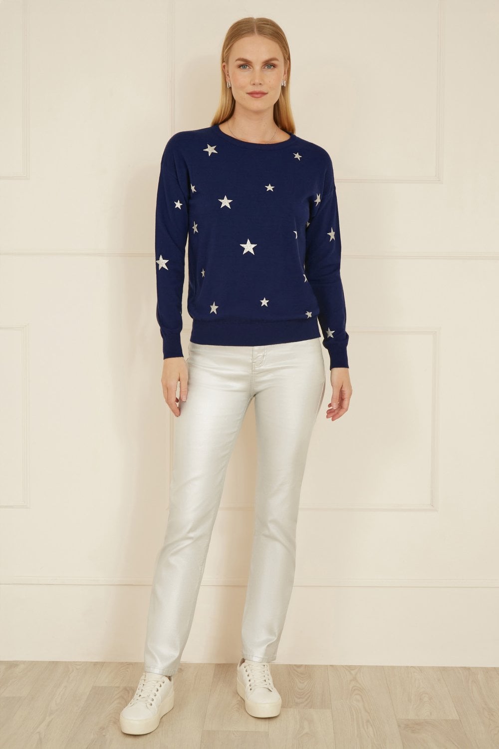 Yumi Navy Silver Foil Star Print Relaxed Fit Jumper Yumi