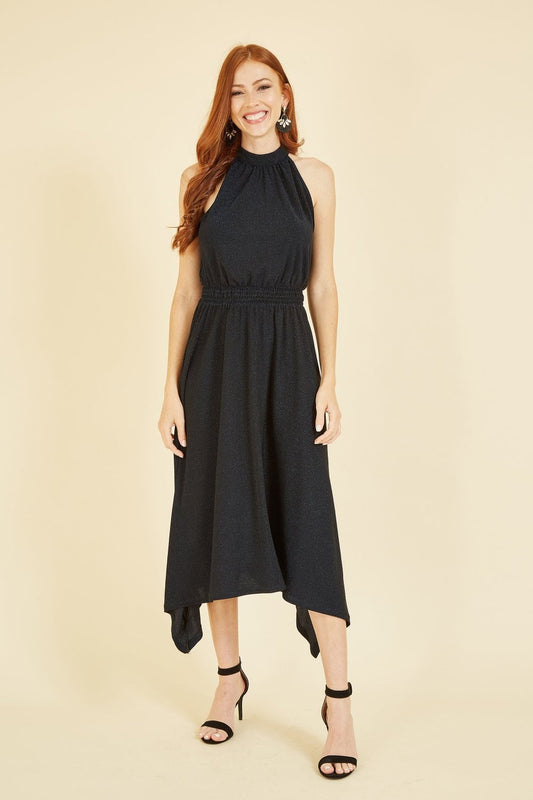 Yumi Navy Sparkle Halter neck Handkerchief Midi Dress Yumi