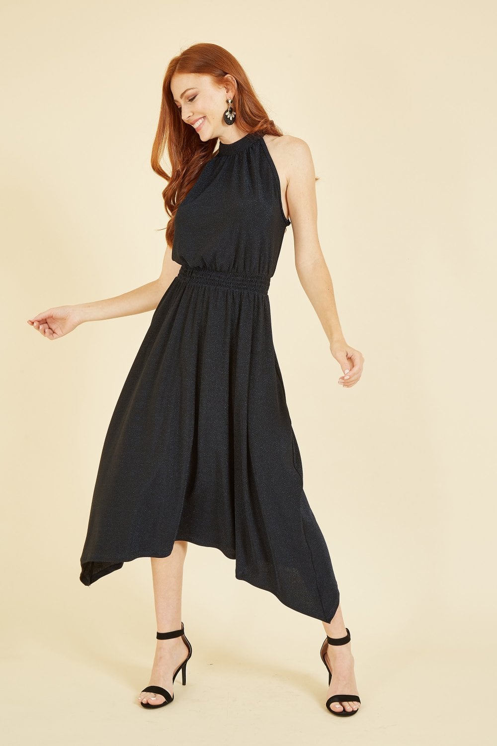 Yumi Navy Sparkle Halter neck Handkerchief Midi Dress Yumi