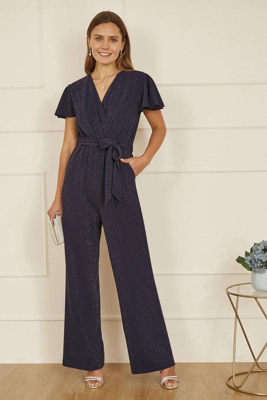 Yumi Navy Sparkle Stretch Wrap Over Jumpsuit Yumi