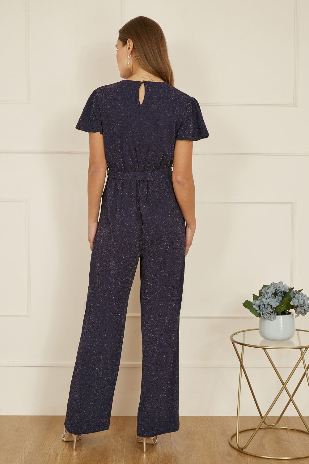 Yumi Navy Sparkle Stretch Wrap Over Jumpsuit Yumi