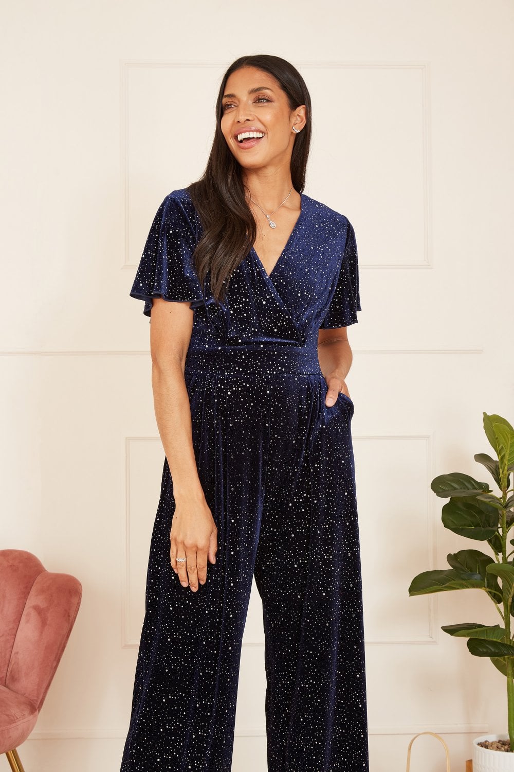 Yumi Navy Sparkle Velvet Jumpsuit Yumi