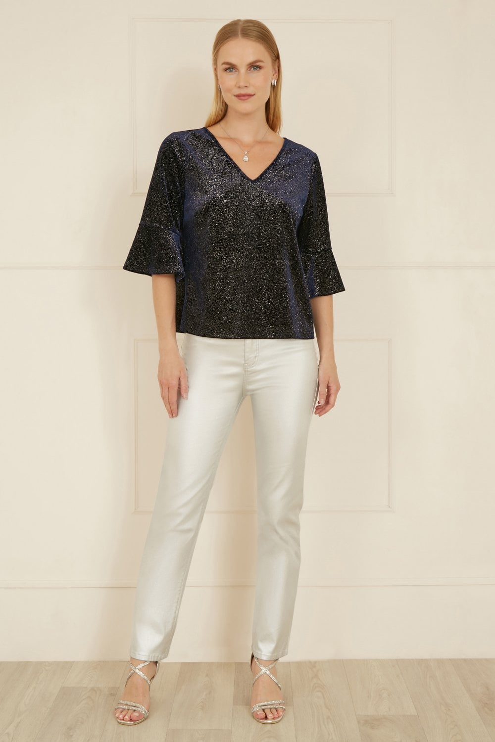 Yumi Navy Sparkle Velvet Relaxed Fit Top With Fluted Sleeves Yumi