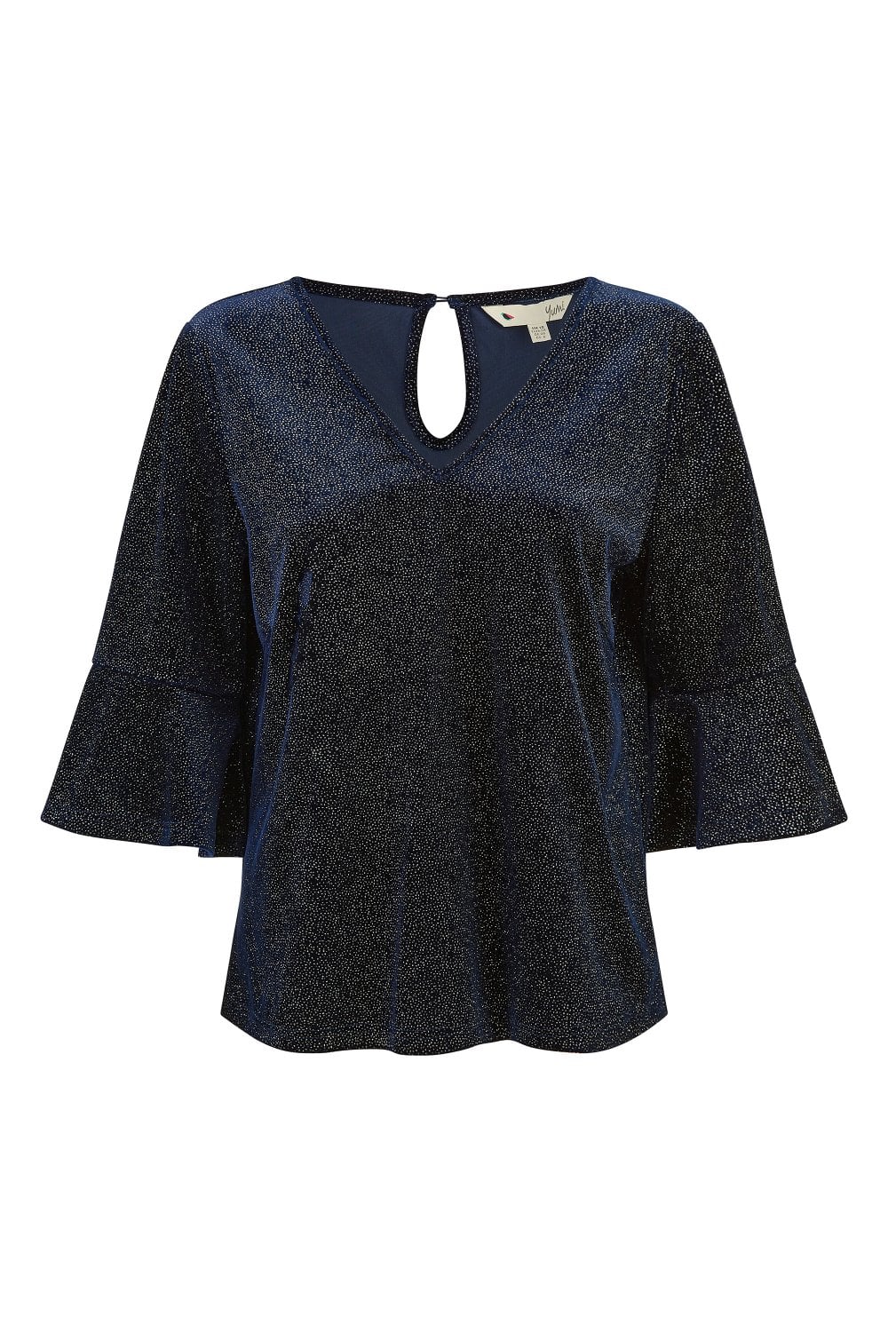 Yumi Navy Sparkle Velvet Relaxed Fit Top With Fluted Sleeves Yumi