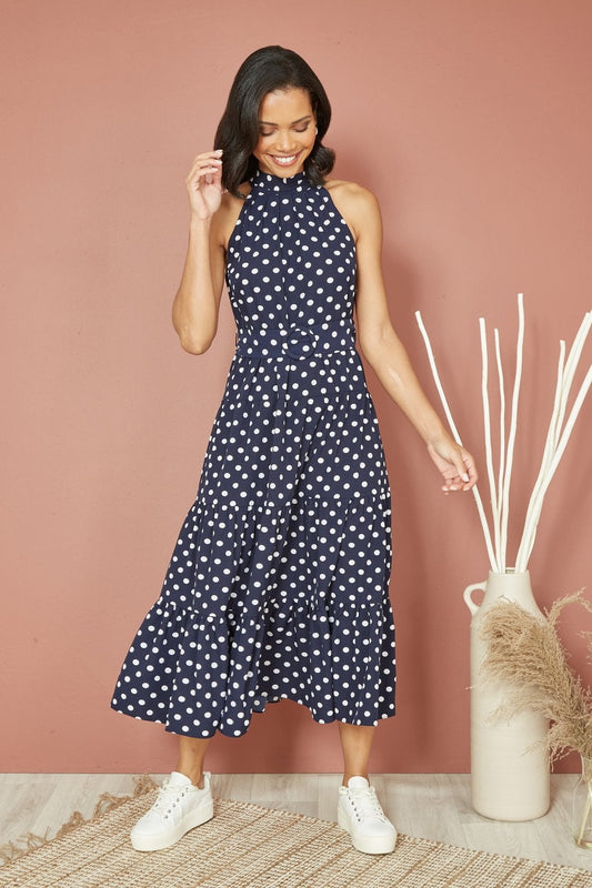 Yumi Navy Spot Print Halter Midi Dress With Matching Belt Yumi