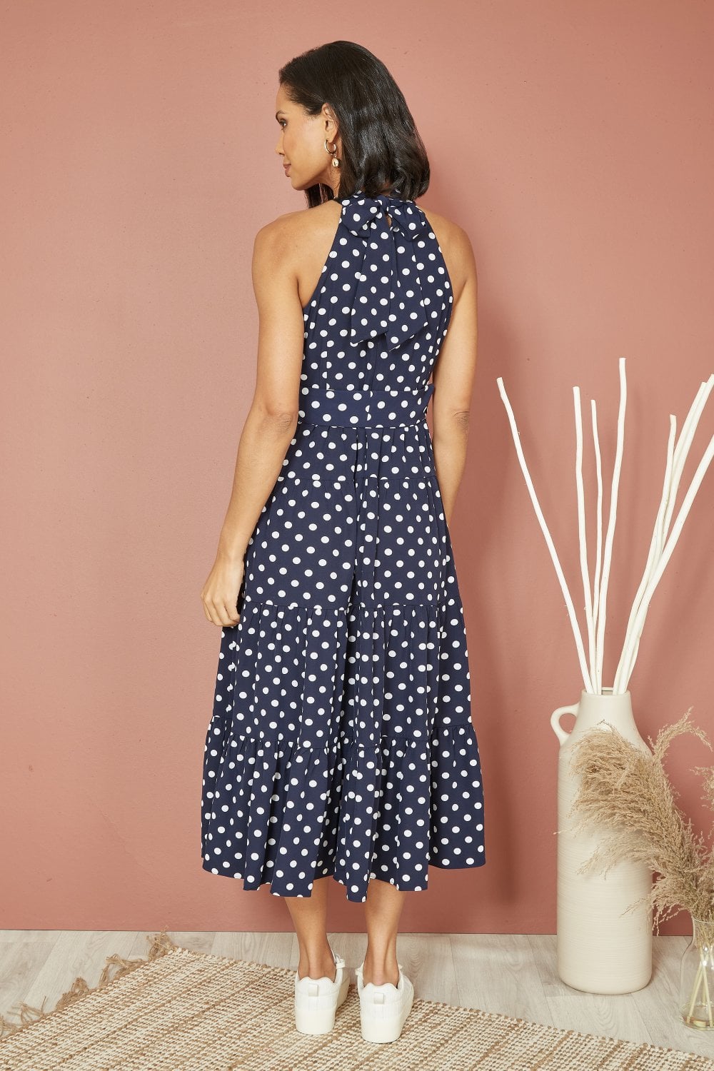 Yumi Navy Spot Print Halter Midi Dress With Matching Belt Yumi