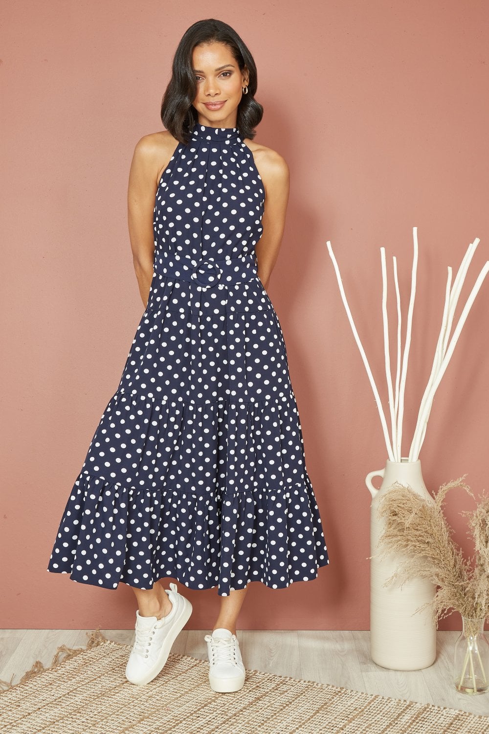 Yumi Navy Spot Print Halter Midi Dress With Matching Belt Yumi