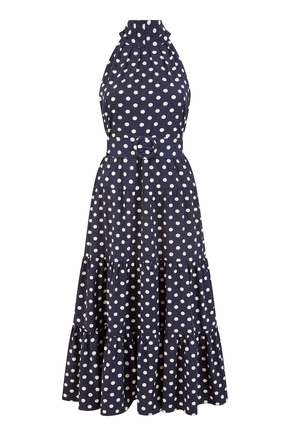 Yumi Navy Spot Print Halter Midi Dress With Matching Belt Yumi