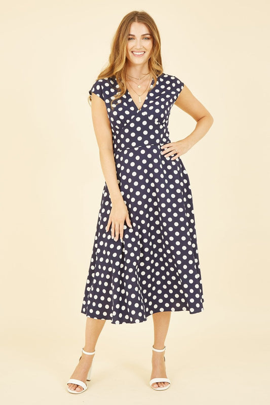 Yumi Navy Spot Print Kimono Sleeve Midi Dress Yumi