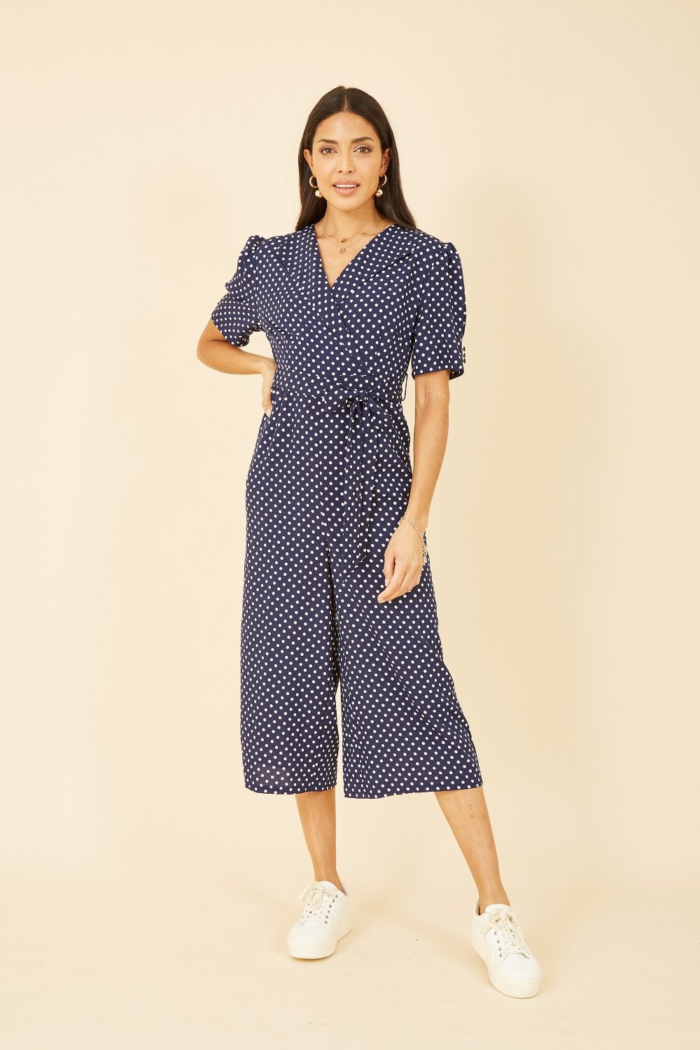 Yumi Navy Spot Print Retro Culotte Jumpsuit Yumi