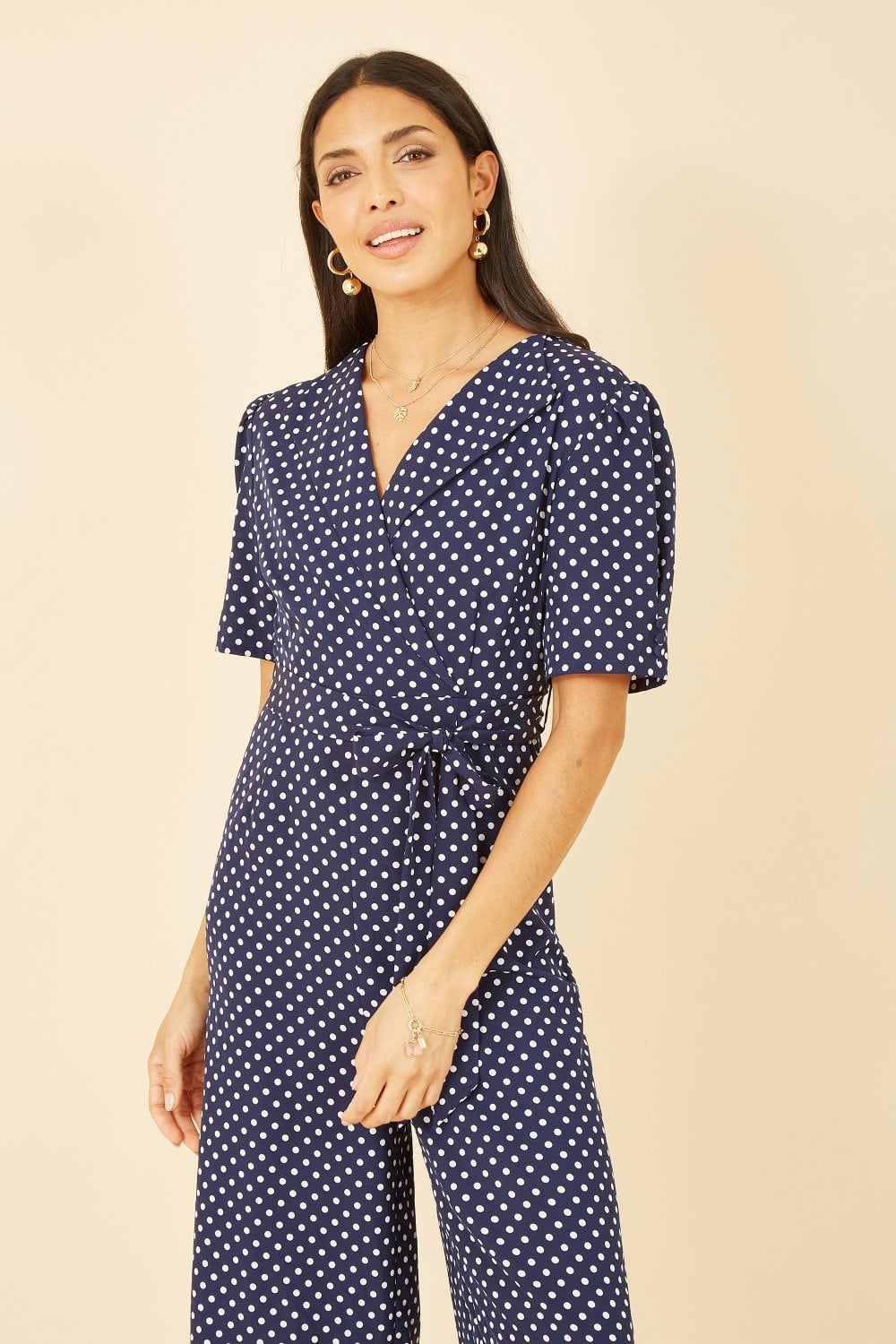 Yumi Navy Spot Print Retro Culotte Jumpsuit Yumi