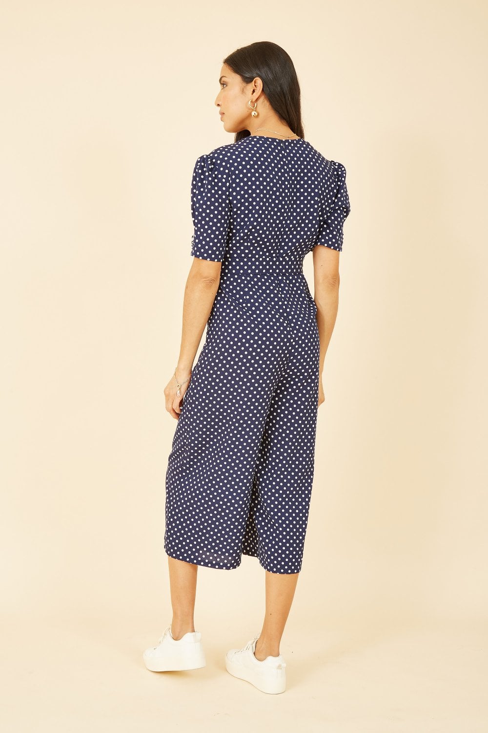 Yumi Navy Spot Print Retro Culotte Jumpsuit Yumi