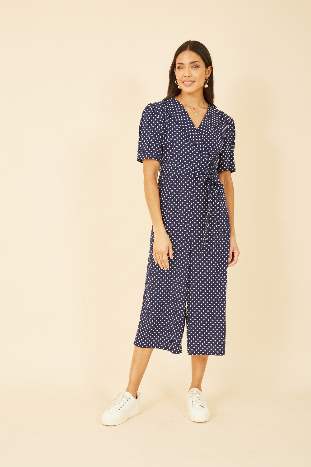 Yumi Navy Spot Print Retro Culotte Jumpsuit Yumi