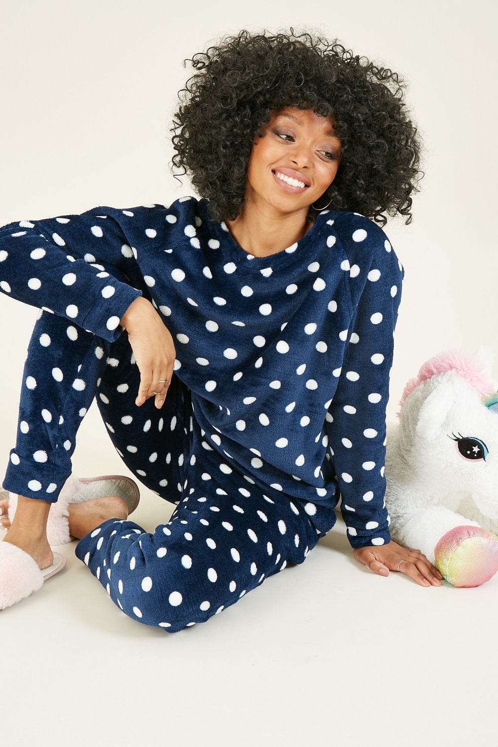 Yumi Navy Spot Super Soft Fleece Pyjamas Yumi