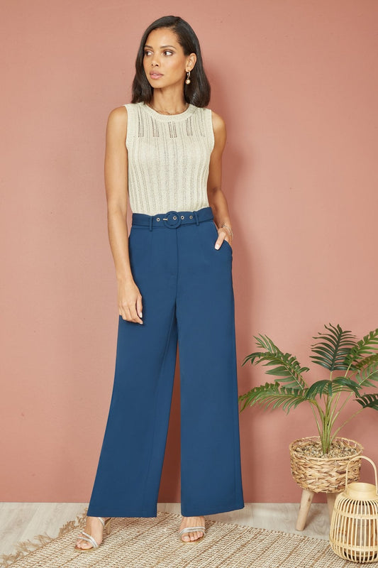 Yumi Navy Straight Leg Crepe Trousers With Belt Yumi