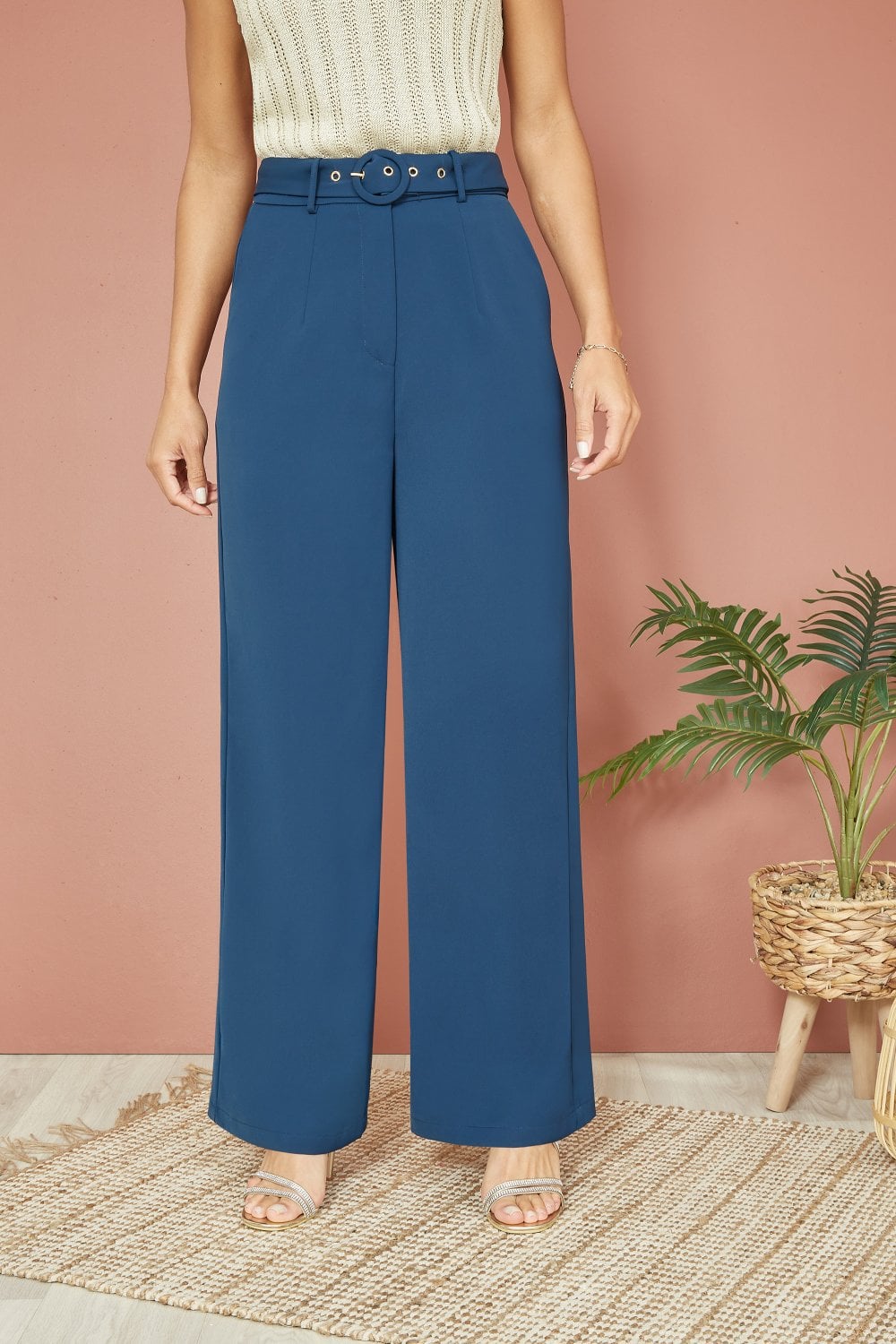 Yumi Navy Straight Leg Crepe Trousers With Belt Yumi