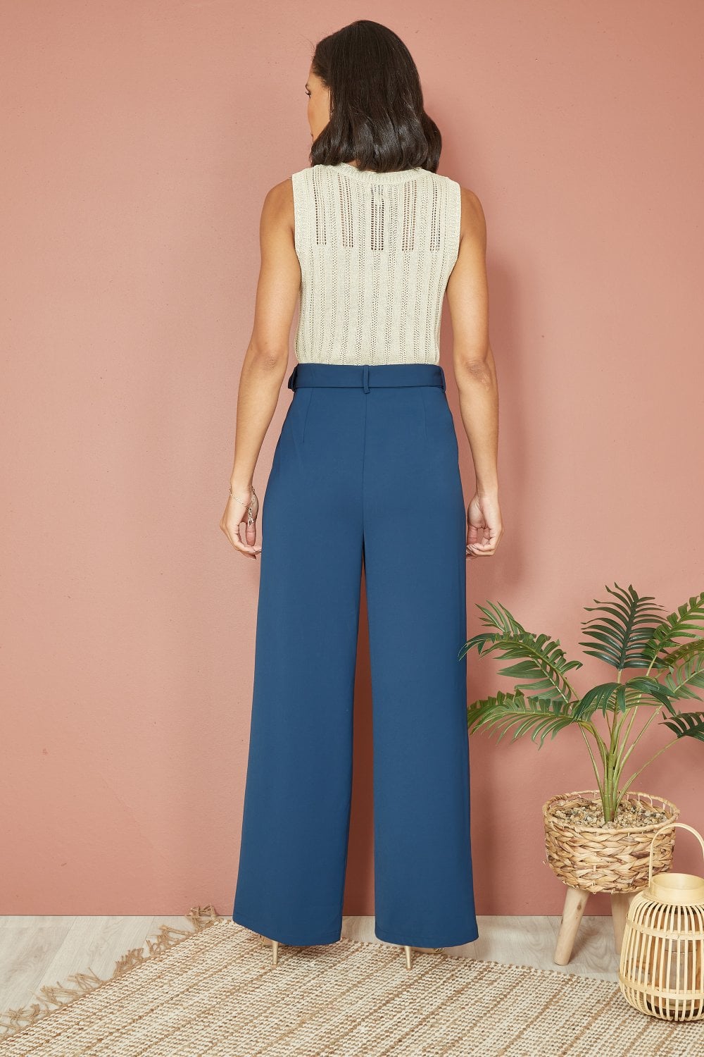 Yumi Navy Straight Leg Crepe Trousers With Belt Yumi