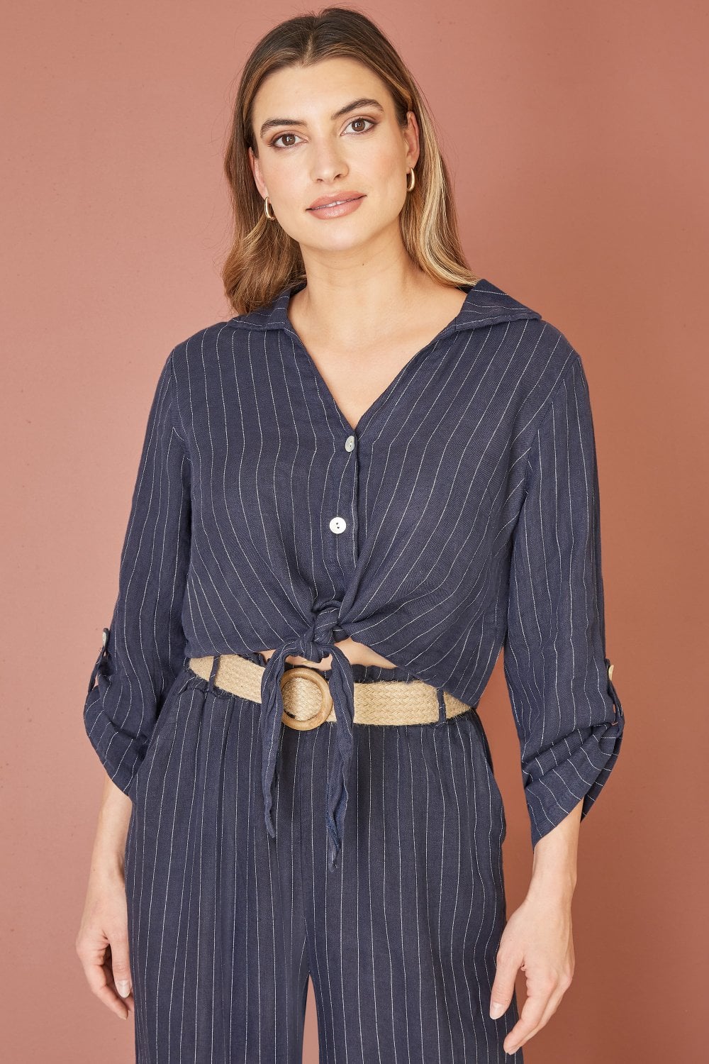 Yumi Navy Striped Italian Linen Shirt Yumi