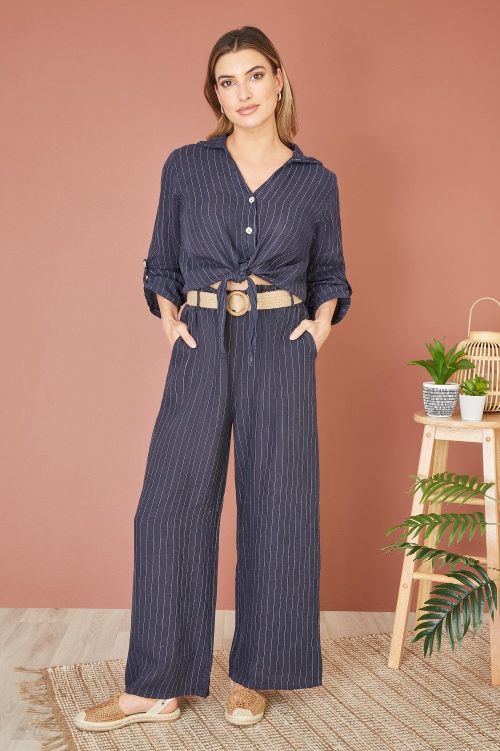 Yumi Navy Striped Italian Linen Shirt Yumi