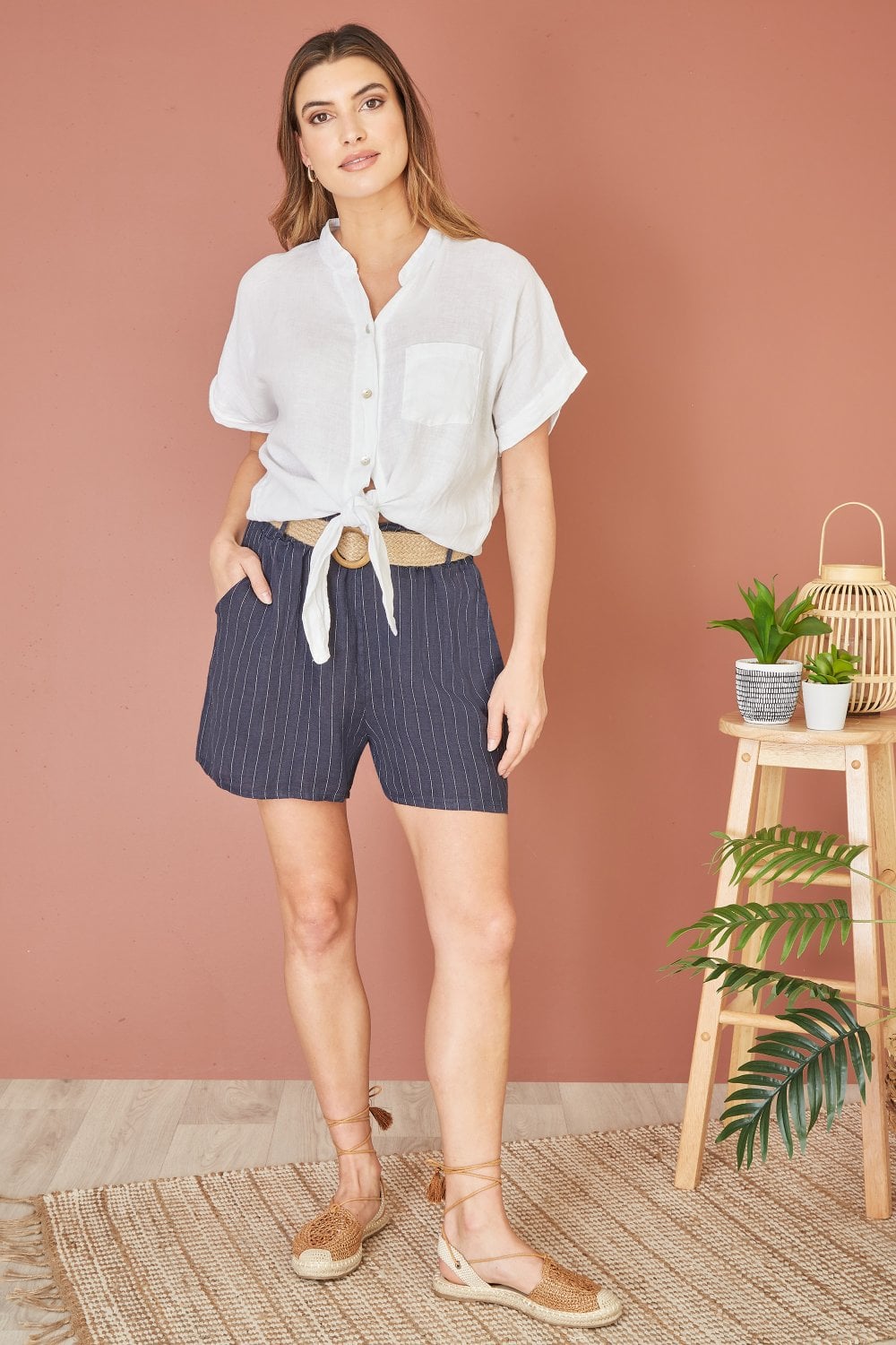 Yumi Navy Striped Italian Linen Shorts With Belt Yumi