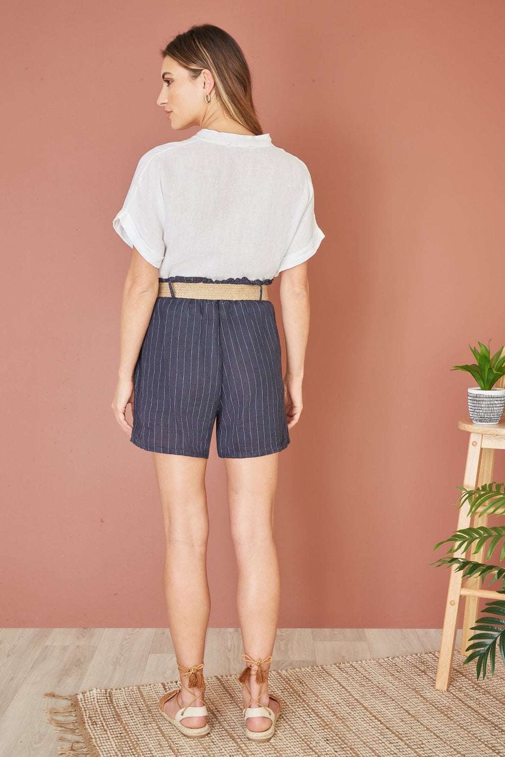 Yumi Navy Striped Italian Linen Shorts With Belt Yumi