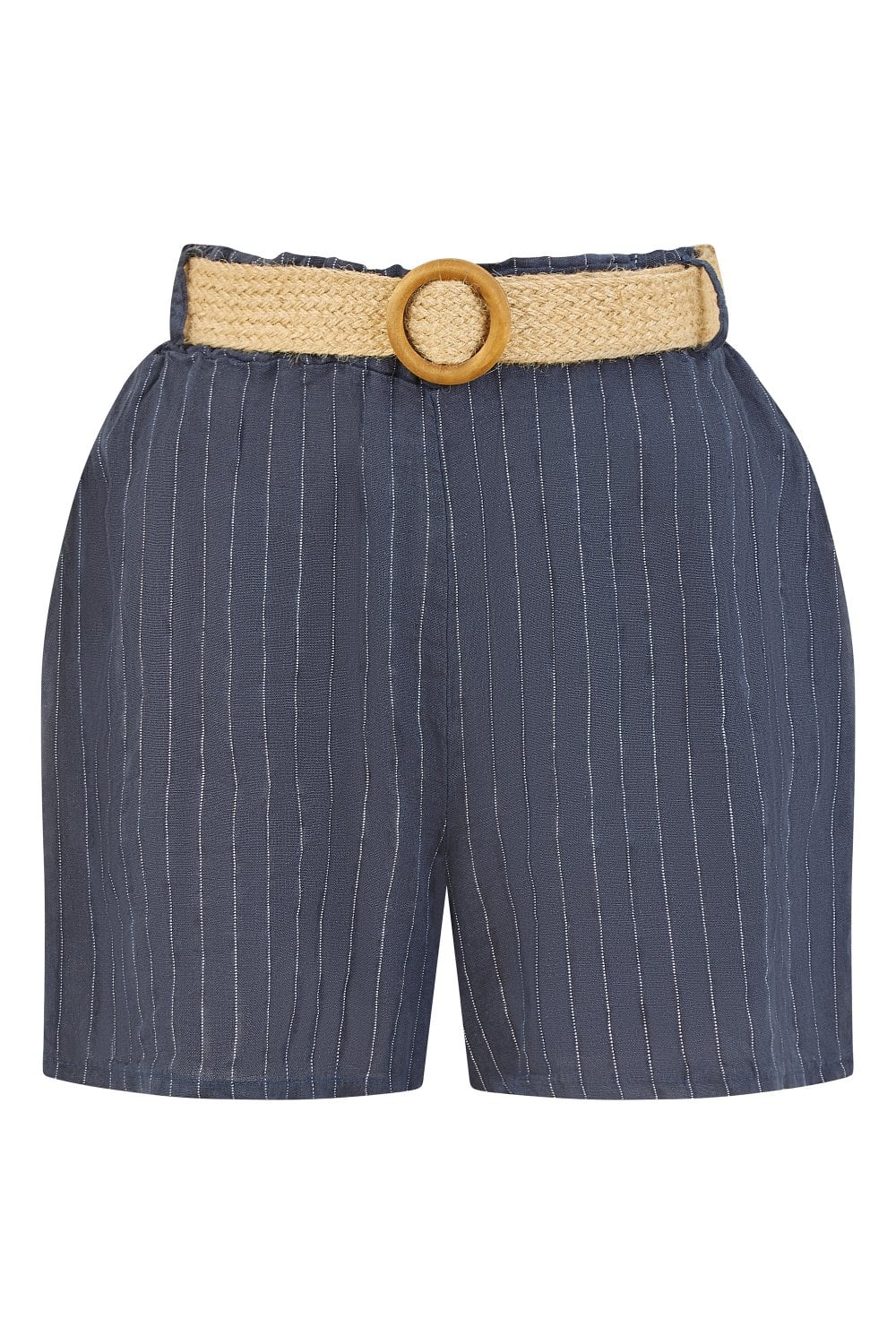 Yumi Navy Striped Italian Linen Shorts With Belt Yumi