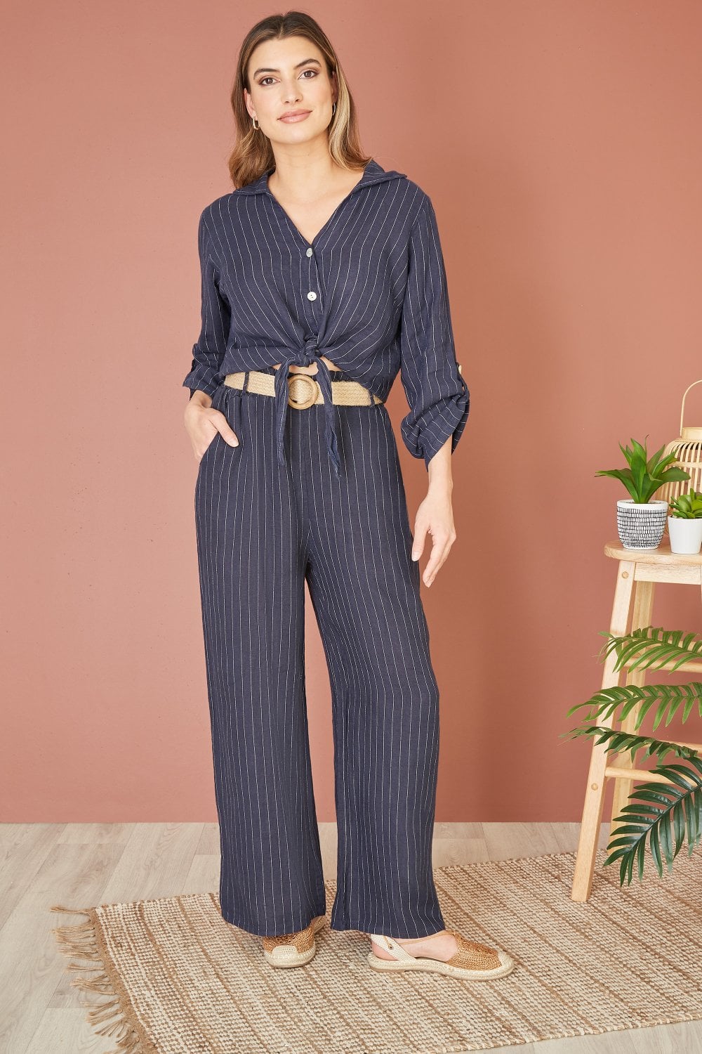 Yumi Navy Striped Italian Linen Wide Leg Trousers With Belt Yumi