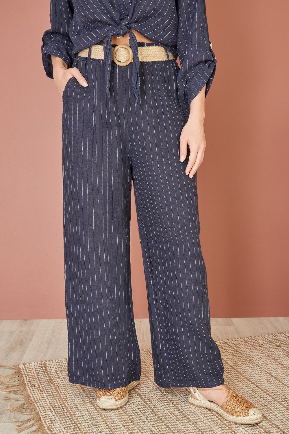 Yumi Navy Striped Italian Linen Wide Leg Trousers With Belt Yumi