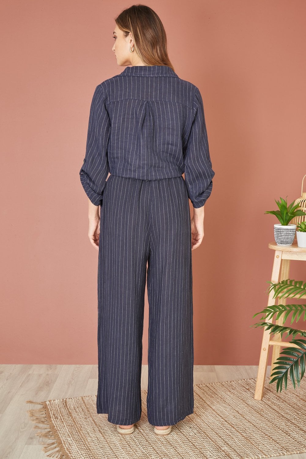 Yumi Navy Striped Italian Linen Wide Leg Trousers With Belt Yumi