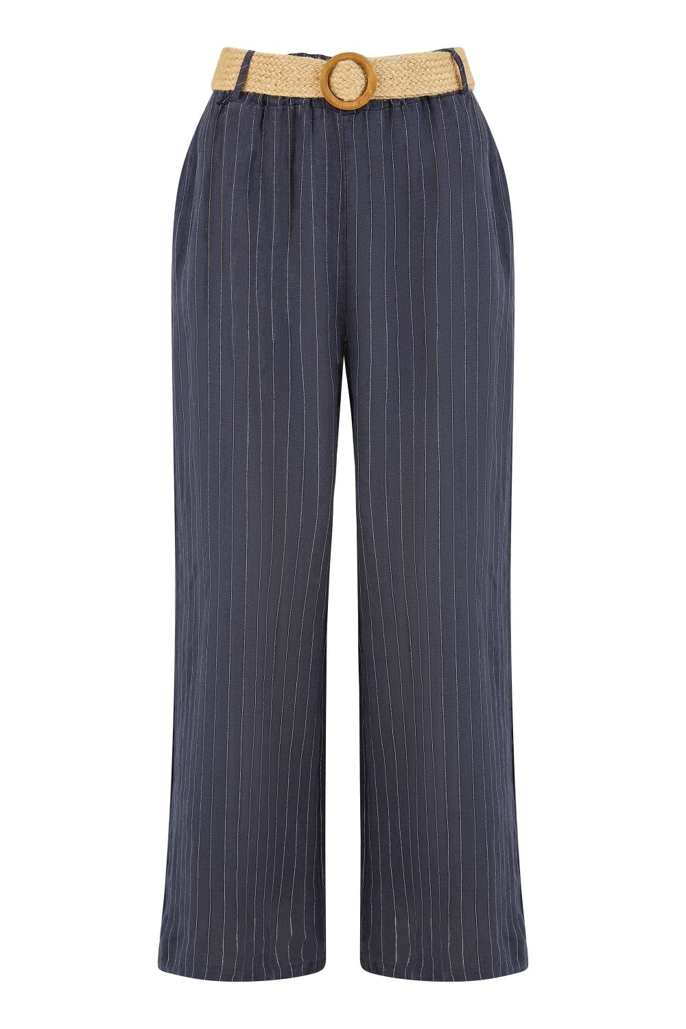 Yumi Navy Striped Italian Linen Wide Leg Trousers With Belt Yumi