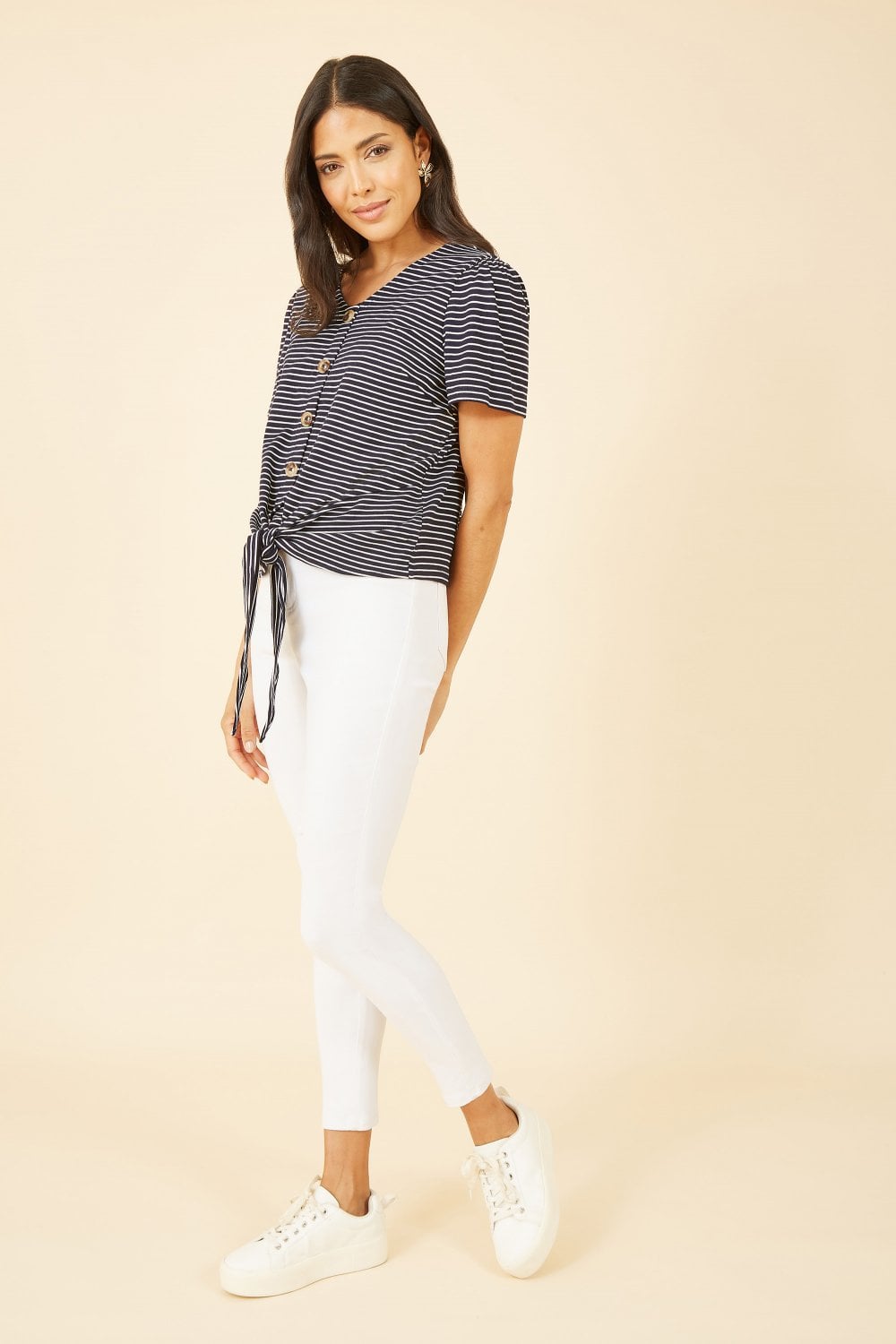 Yumi Navy Striped Jersey Button Detail Top Yumi