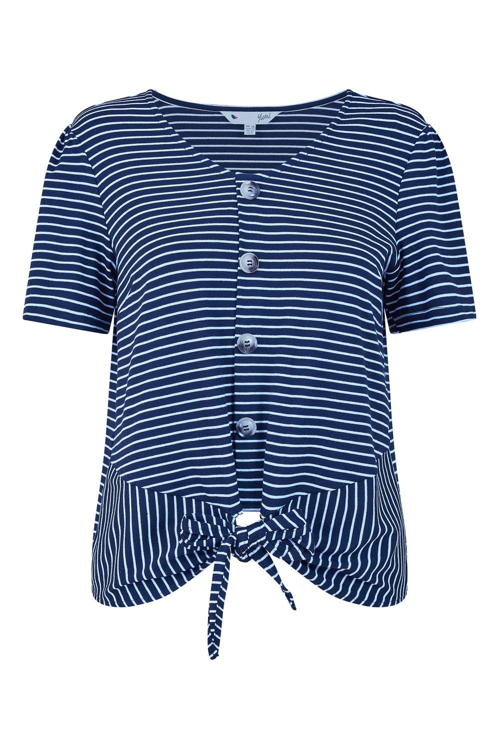 Yumi Navy Striped Jersey Button Detail Top Yumi